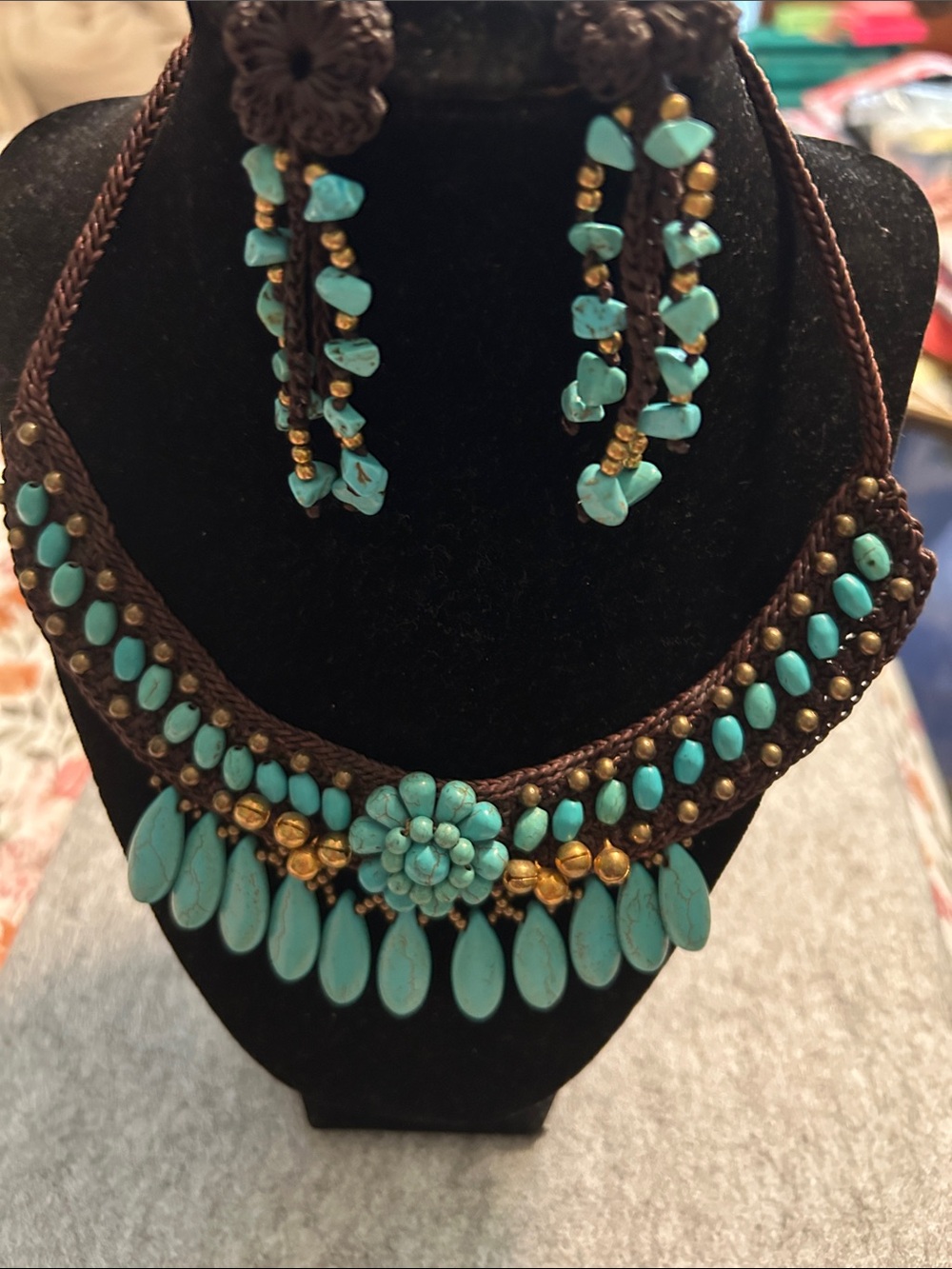 Turquoise Color Stone Hand  Crochet Necklace & Earrings - Women Jewelry
